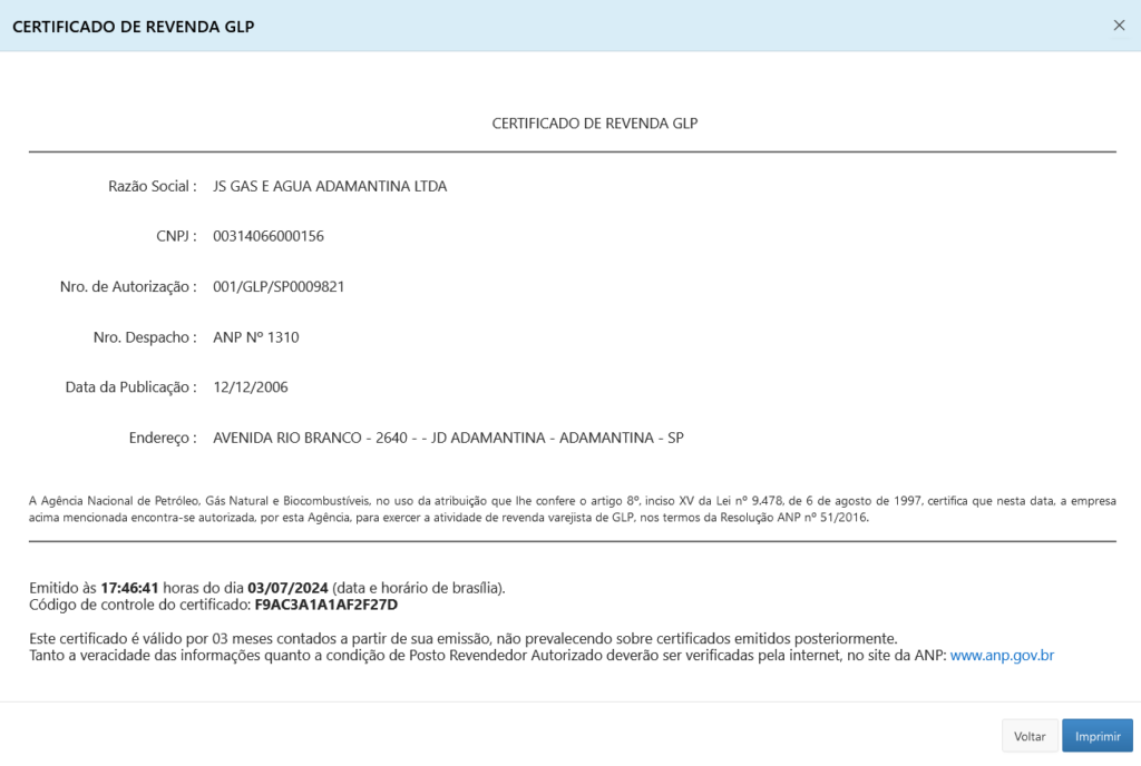 Exemplo de certificado da ANP para revendas de GLP