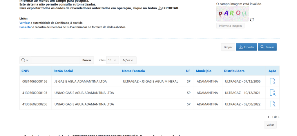 Página de resultado de buscas sobre a consulta de certificado de GLP da ANP